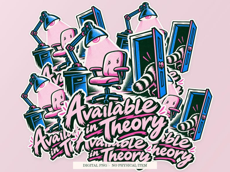 Available in Theory shown in a playful sticker cluster on powder pink. Digital mockup, no physical stickers included.