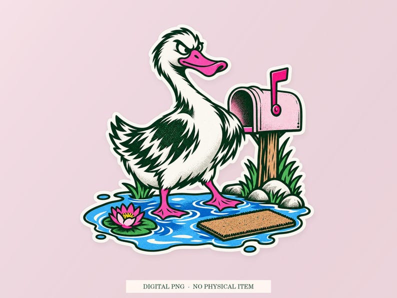 Duck Puddle Property pink and green illustration on a cream digital download cover. One transparent PNG with white outline; no physical item.