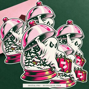 Haunted Snow Globe Escape artwork shown as a sticker on a cream envelope against green. Digital PNG mockup; envelope and physical sticker are not included.