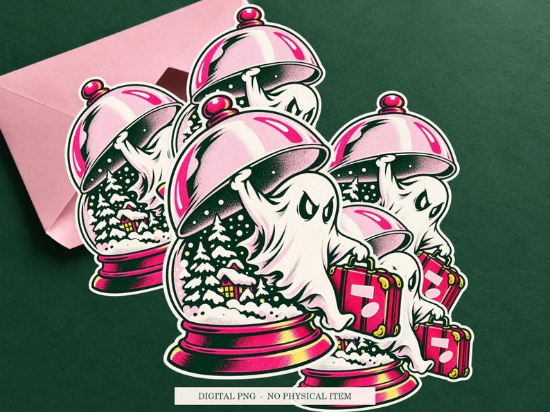 Haunted Snow Globe Escape artwork shown as a sticker on a cream envelope against green. Digital PNG mockup; envelope and physical sticker are not included.
