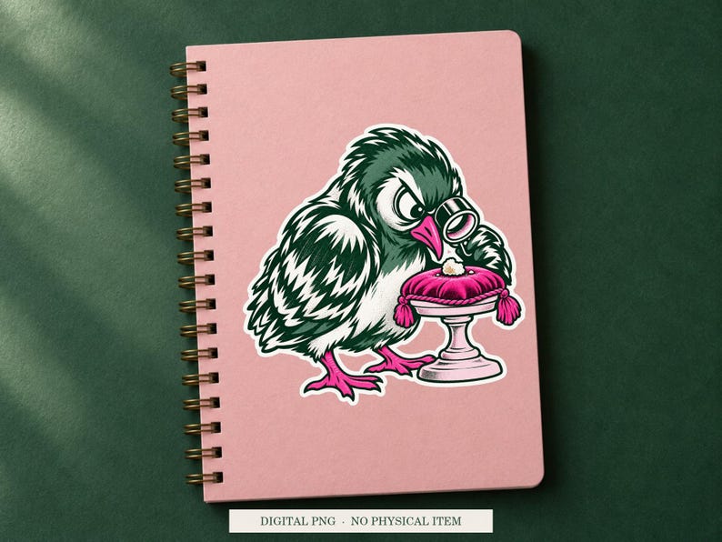 Pigeon Bread Inspector displayed on a notebook. Digital mockup showing a creative use for the PNG.