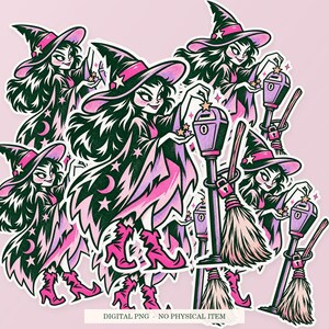 Witch Parking Meter artwork shown as overlapping white outlined sticker cutouts on a pink background. Digital PNG mockup; physical stickers are not included.
