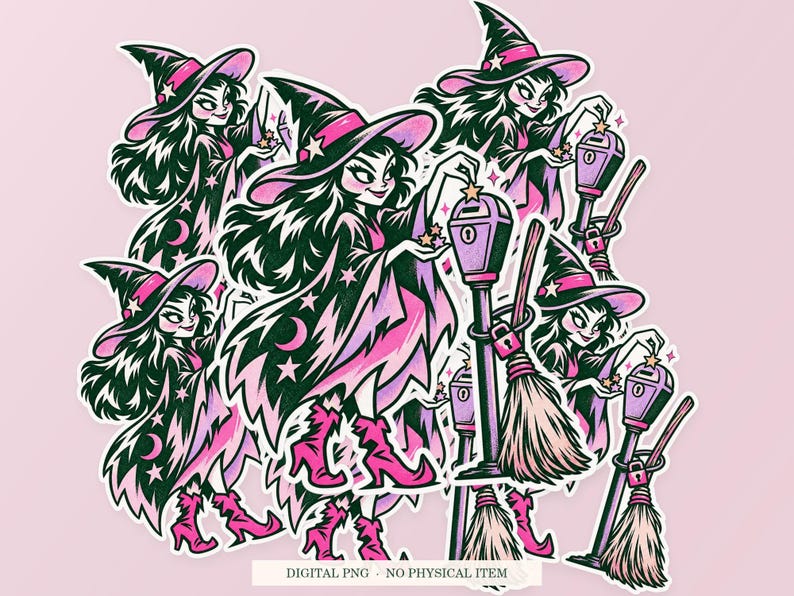 Witch Parking Meter artwork shown as overlapping white outlined sticker cutouts on a pink background. Digital PNG mockup; physical stickers are not included.