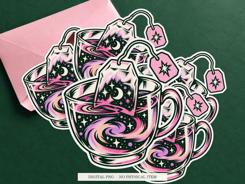 Night Sky Tea Bag displayed on an envelope with a green background. Digital mockup, no physical item included.