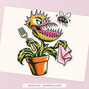 Venus Flytrap Table Manners close view showing the pink and green artwork and white outline.