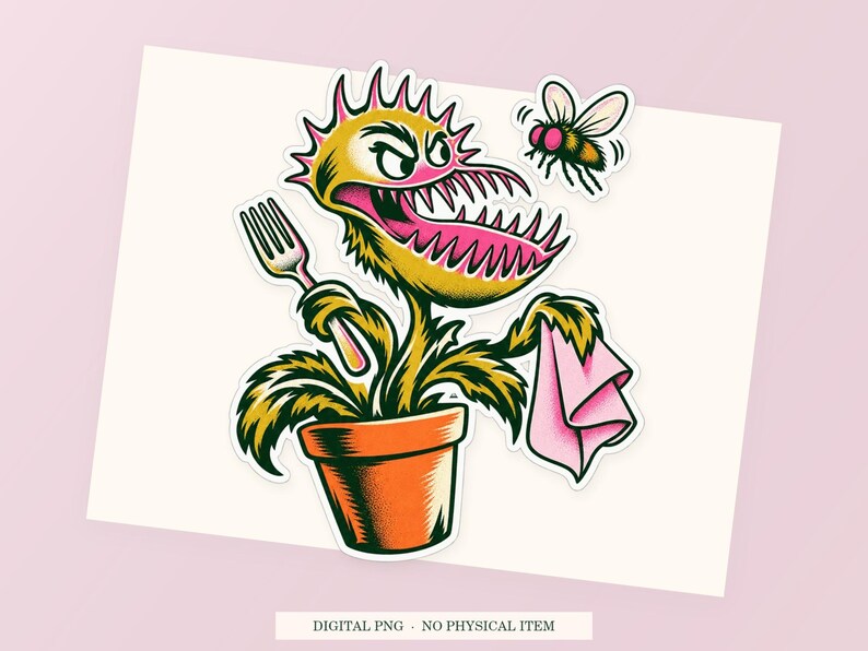 Venus Flytrap Table Manners close view showing the pink and green artwork and white outline.