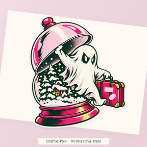 Close view of the pink and green Haunted Snow Globe Escape illustration with its white outline on a styled background. One transparent PNG digital download.