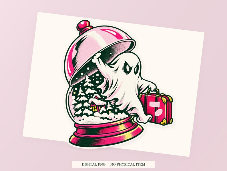 Close view of the pink and green Haunted Snow Globe Escape illustration with its white outline on a styled background. One transparent PNG digital download.