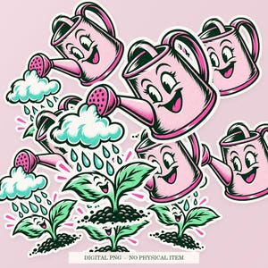 Watering Can Raincloud shown in a playful sticker cluster on powder pink. Digital mockup, no physical stickers included.