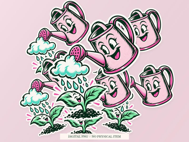 Watering Can Raincloud shown in a playful sticker cluster on powder pink. Digital mockup, no physical stickers included.