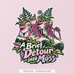 A Brief Detour into Moss pink and green illustration on a cream digital download cover. One transparent PNG with white outline; no physical item.