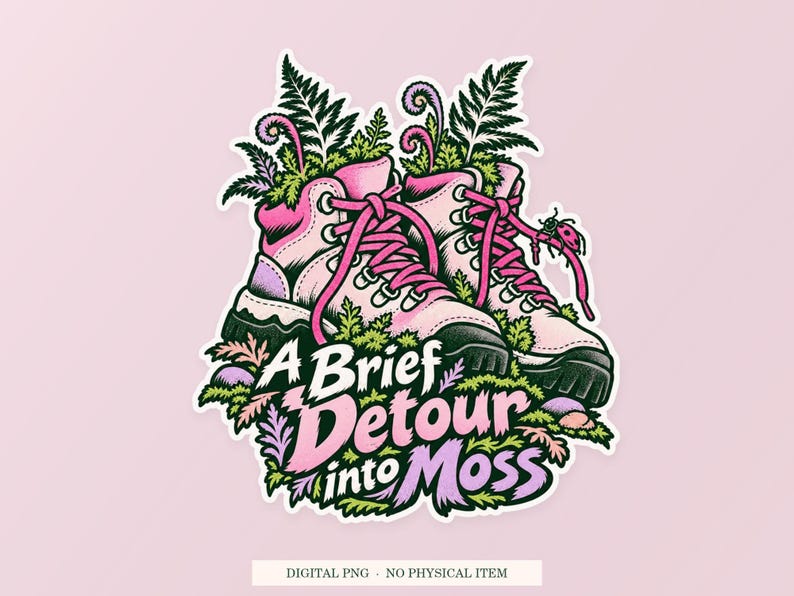 A Brief Detour into Moss pink and green illustration on a cream digital download cover. One transparent PNG with white outline; no physical item.