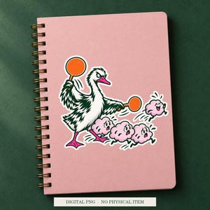 Goose Thought Traffic artwork decorating a notebook as a white outlined sticker. Digital PNG project example; notebook and sticker are not included.