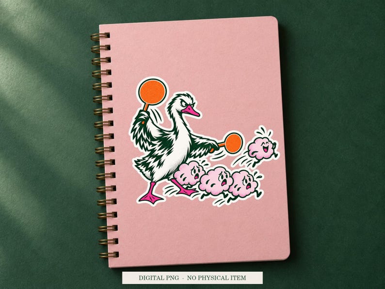 Goose Thought Traffic artwork decorating a notebook as a white outlined sticker. Digital PNG project example; notebook and sticker are not included.