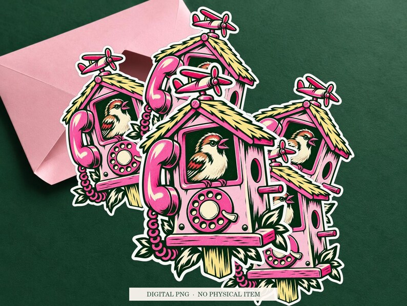 Airplane Mode Birdhouse displayed on an envelope with a green background. Digital mockup, no physical item included.
