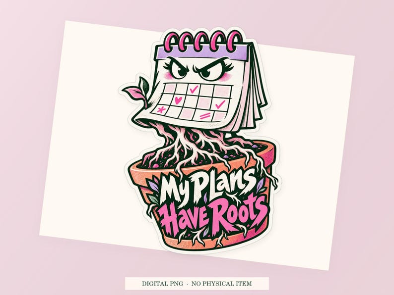 My Plans Have Roots close view showing the pink and green artwork and white outline.