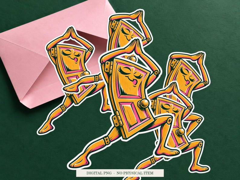 Door Hinge Yoga displayed on an envelope with a green background. Digital mockup, no physical item included.