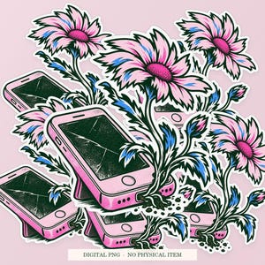 Phone Compost shown in a playful sticker cluster on powder pink. Digital mockup, no physical stickers included.