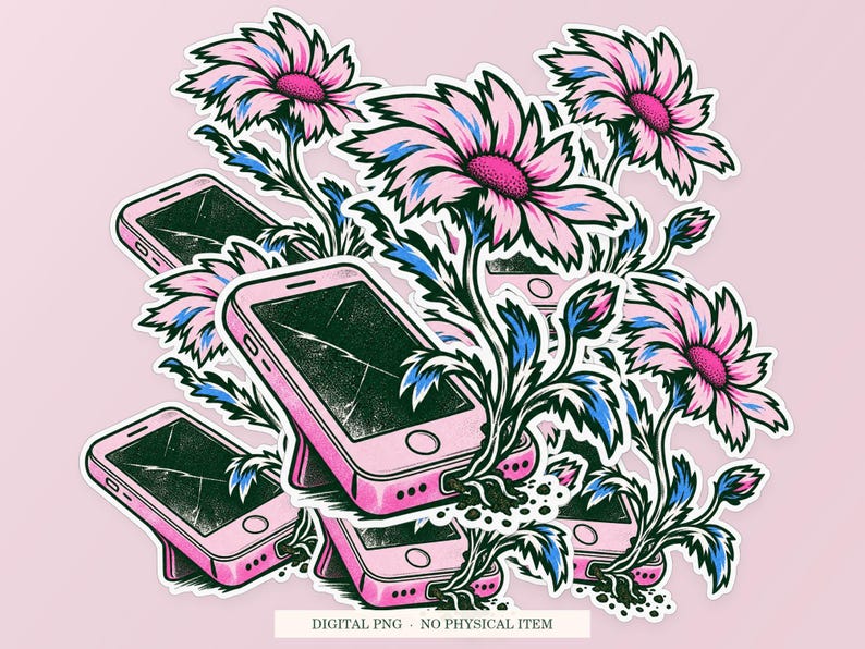 Phone Compost shown in a playful sticker cluster on powder pink. Digital mockup, no physical stickers included.
