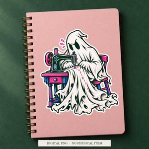 Ghost Hem Repair artwork decorating a notebook as a white outlined sticker. Digital PNG project example; notebook and sticker are not included.