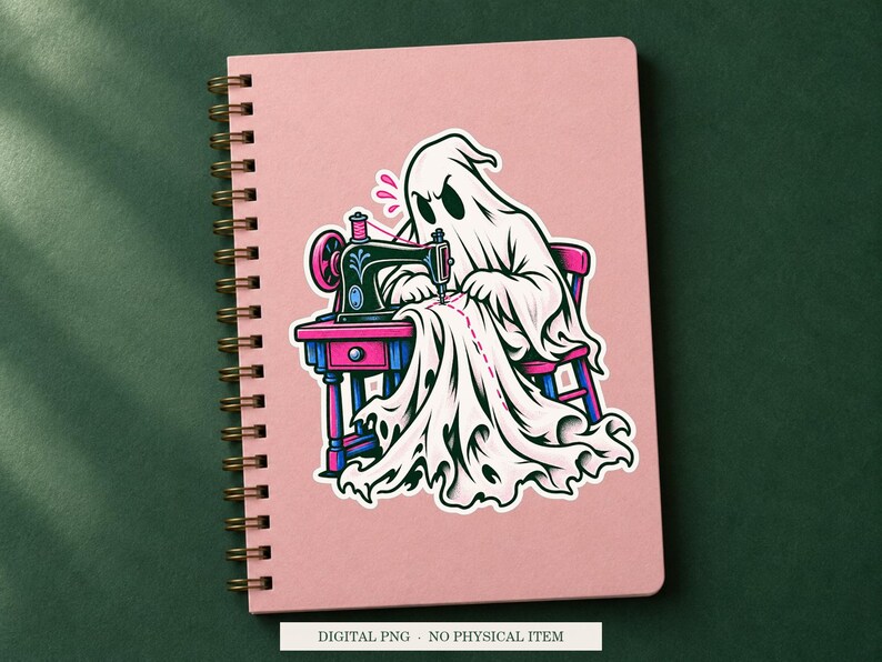 Ghost Hem Repair artwork decorating a notebook as a white outlined sticker. Digital PNG project example; notebook and sticker are not included.