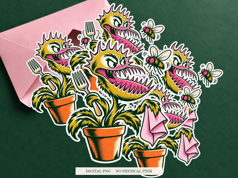 Venus Flytrap Table Manners displayed on an envelope with a green background. Digital mockup, no physical item included.