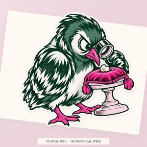 Pigeon Bread Inspector close view showing the pink and green artwork and white outline.