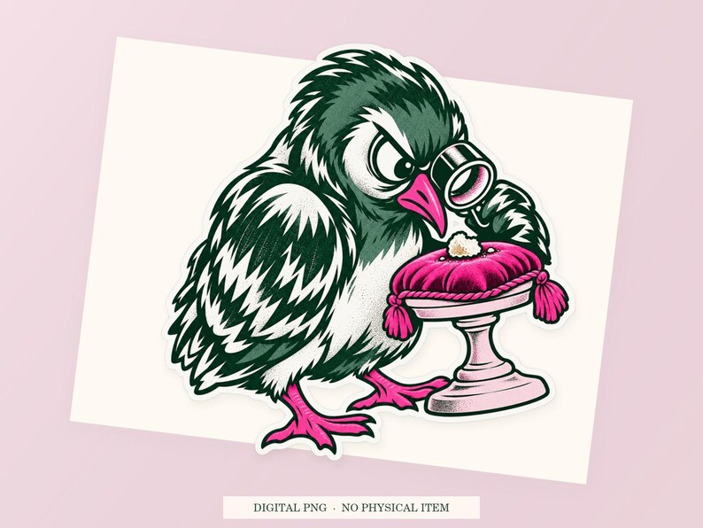 Pigeon Bread Inspector close view showing the pink and green artwork and white outline.