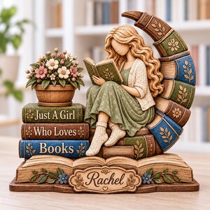 Personalized Book Stack Wooden Block, Just A Girl Who Loves Books Figurine, Cottagecore Library Shelf Decor, Floral Reader Gift for Her