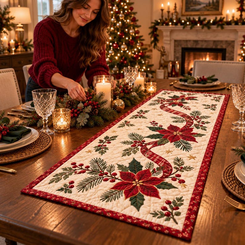 Christmas Table Runner, Red Truck Holiday Table Decor ...