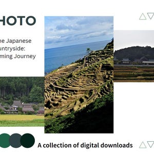Digitalt fotoalbum med japansk landsbygd, lantliga landskap, halmtak och risterrasser, resedagbok, direktnedladdning