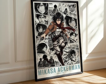 Può includere: Un poster incorniciato in bianco e nero in stile manga con Mikasa Ackerman di Attack on Titan. L'opera mostra diversi pannelli del personaggio in azione, che indossa una giacca marrone e una sciarpa rossa, con il testo MIKASA ACKERMAN sotto.