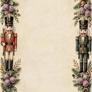 May include: A vertical rectangular frame featuring a border of evergreen pine branches, pinecones, holly leaves, cinnamon sticks, and purple plums. Two nutcracker figures stand on opposite sides, one in a red uniform and one in a green uniform.