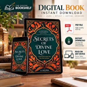 Puede incluir: Un libro digital titulado Secrets of Divine Love de A. Helwa mostrado en una tableta y un teléfono inteligente. La portada tiene un fondo verde oscuro con patrones florales naranjas y texto blanco. Incluye iconos de PDF, descarga y dispositivos.