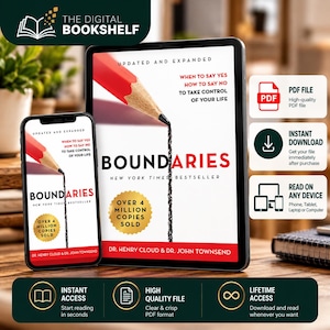 May include: A digital book cover for Boundaries by Dr. Henry Cloud and Dr. John Townsend, displayed on a tablet and smartphone. The cover features a red pencil drawing a black line, the title, and a gold seal stating over 4 million copies sold.