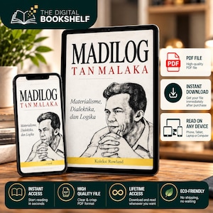 以下が含まれることがあります： Madilog Tan Malakaというタイトルのデジタルブックカバー。手を組んだ男性の白黒スケッチが描かれています。テキストにはMaterialisme, Dialektika, dan Logikaとあり、下部にはKoleksi Rowlandと記されています。タブレットとスマートフォンに表示されています。
