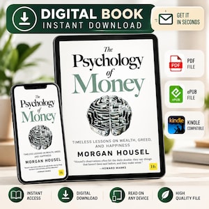 Może przedstawiać: Cyfrowa książka pod tytułem The Psychology of Money autorstwa Morgana Housela wyświetlona na tablecie i smartfonie. Okładka zawiera ilustrację mózgu wykonaną z banknotów. Ikony wskazują kompatybilność z formatami PDF, ePub oraz Kindle.