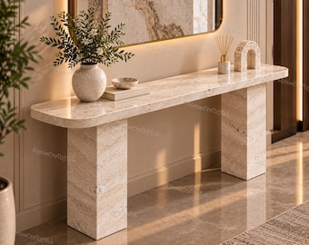 Natural Travertine Console Table, Beige Stone Entryway Table, Modern Luxury Hallway Furniture Rounded Edge Stone Table,Travertine Console