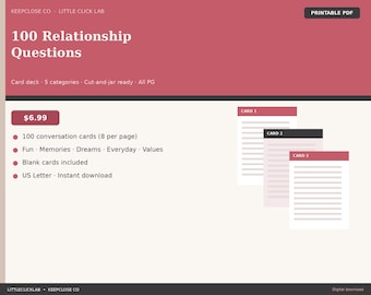 100 Relationship Questions Card Deck Printable | Couples Conversation Starters | Cut & Jar Ready PDF | KeepClose Co