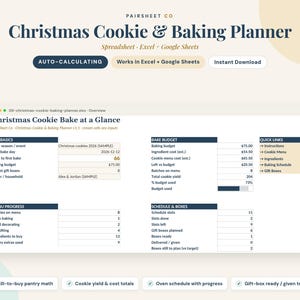 Pode incluir: Uma planilha digital Christmas Cookie & Baking Planner para Excel e Google Sheets. A interface exibe um painel intitulado Christmas Cookie Bake at a Glance com seções para orçamento, progresso do menu e cronograma de preparo.