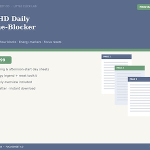Planilha de Bloqueio de Tempo Diário para TDAH | Blocos de Horas Sem Data, Marcadores de Energia, Reinicialização do Foco | PDF para Planejador Adulto