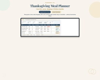 Thanksgiving Meal Planner Spreadsheet | Guest List, Menu, Shopping List & Timeline | Google Sheets + Excel