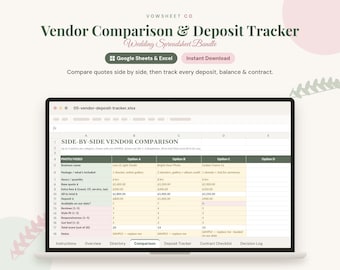 Wedding Vendor Comparison & Deposit Tracker Spreadsheet | Google Sheets + Excel | Quote Compare Contracts Payments Bundle