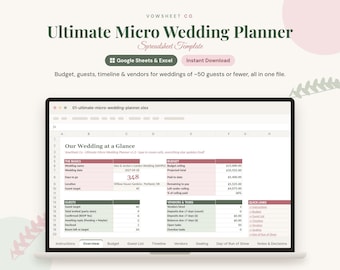Micro Wedding Planner Spreadsheet | Google Sheets & Excel | Budget, Guests, Timeline, Vendors