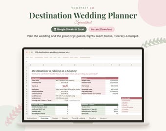 Destination Wedding Planner Spreadsheet | Google Sheets + Excel | Travel Guest Flights Hotels Vendors Timeline Budget