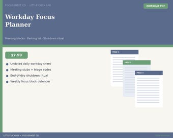 ADHD Workday Focus Planner Printable | Meeting Blocks Task Parking Lot Shutdown Ritual | Undated PDF