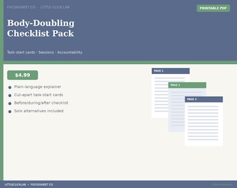 Body Doubling Checklist Pack Printable | Task Start Cards Accountability Session | ADHD Adult Focus PDF