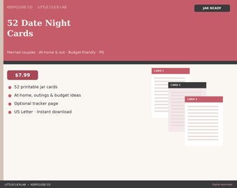 52 Date Night Cards for Married Couples Printable | At Home Date Night Jar | Budget Friendly Ideas PDF | KeepClose Co