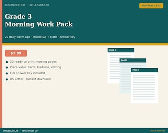 Grade 3 Morning Work Pack Printable | Daily Math & ELA Warm Ups | Place Value Multiplication Fractions | Answer Key PDF