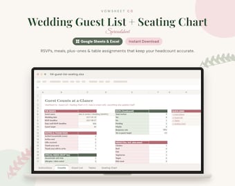Wedding Guest List & Seating Chart Spreadsheet | Google Sheets + Excel | RSVP and Meal Tracker